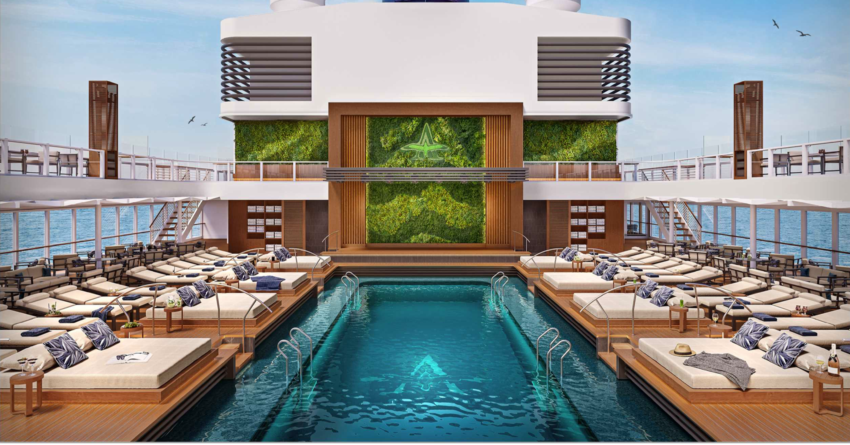 Luxury cruise ship pool deck with loungers