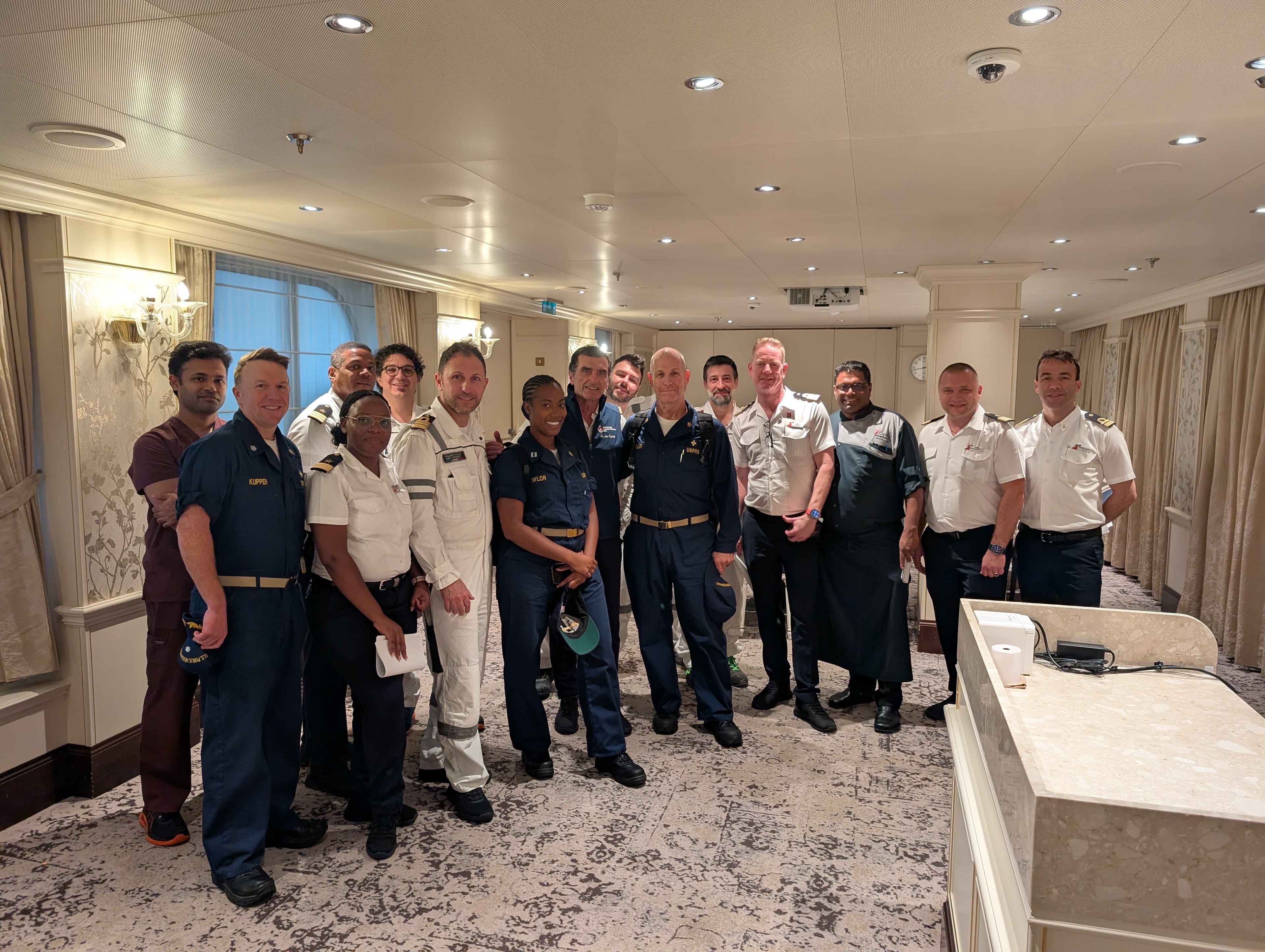 Cruise ship crew and health inspection team group photo